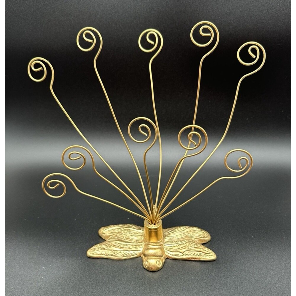 Dragonfly Gold Tone Metal Wire Stand Photo Picture Card Display Holder Vintage